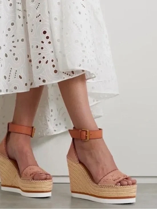 SEE BY CHLOE Glyn Scallop Wedge Espadrille Pink Calf Suede 38 7.5