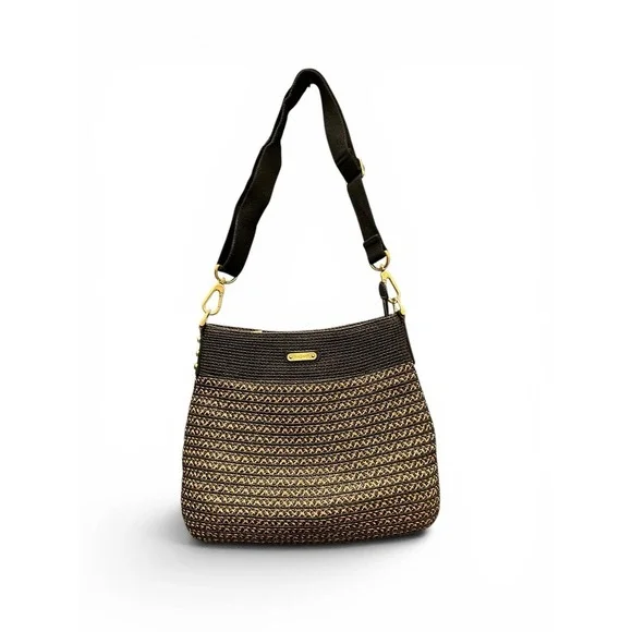 Eric Javits Woven Straw Raffia Style Shoulder Bag Black Tan Hobo Tote Purse