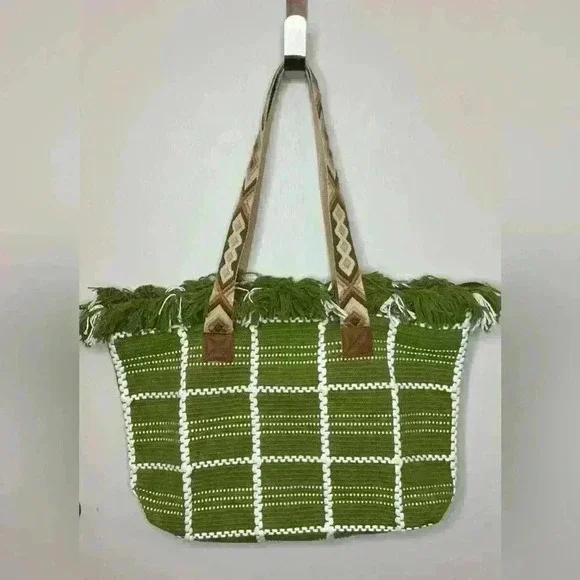 Women’s Large Shoulder Boho Style‎ Tote Bag, Green/White