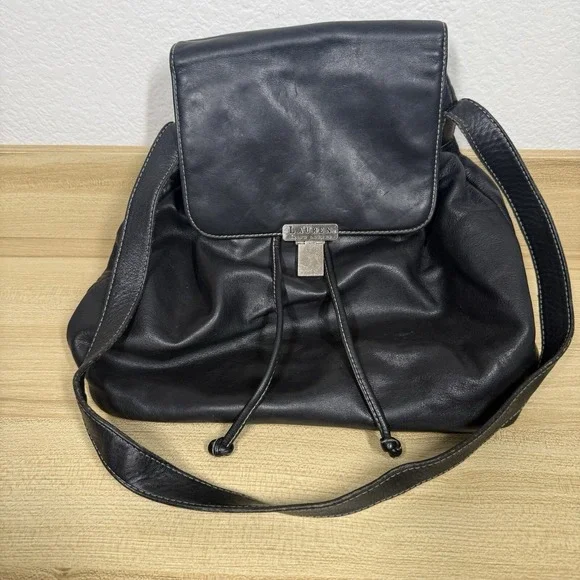 Ralph Lauren Leather Drawstring‎ Bucket Shoulder Bag Hobo Black