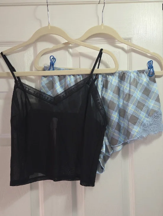 Savage X Fenty Black Sheer Mesh Cami with Blue Plaid Lace-Trim Shorts
