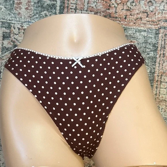 SUGARBOO Brown‎ & Pink Slinky Smooth Polka Dot Thong G-String w/ Satin bow Panty