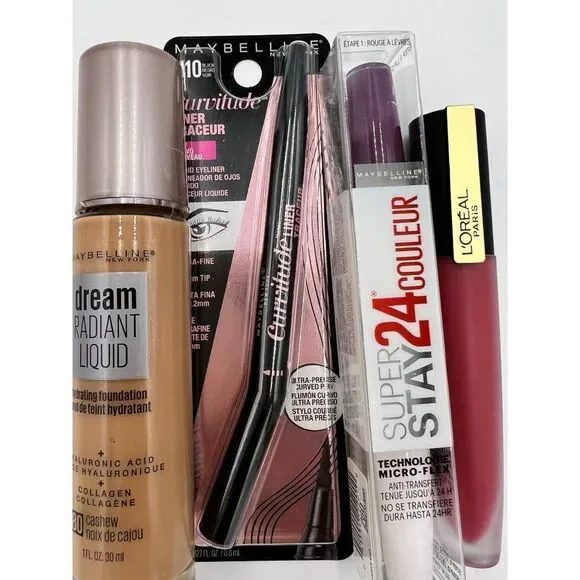 Maybelline and L'Oreal Paris Foundation Eyeliner & Lip Color Makeup Bundle‎ New