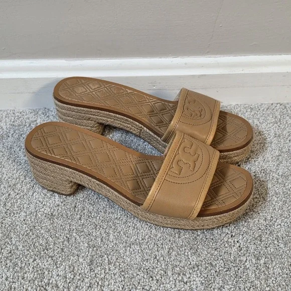 Tory Burch Fleming Espadrille Tan Leather Logo Slides Sandals Womens Size 7.5