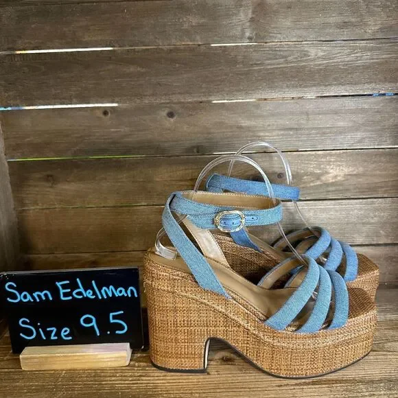 New NIB‎ Womens Sam Edelman Tibby Blue Denim Wedge Heeled Sandals Shoes Size 9.5