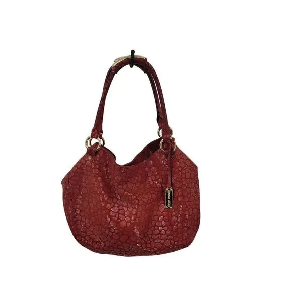 Antonio Melani Red Pebble Textured Leather Hobo Satchel Shoulder Bag Gold Accent