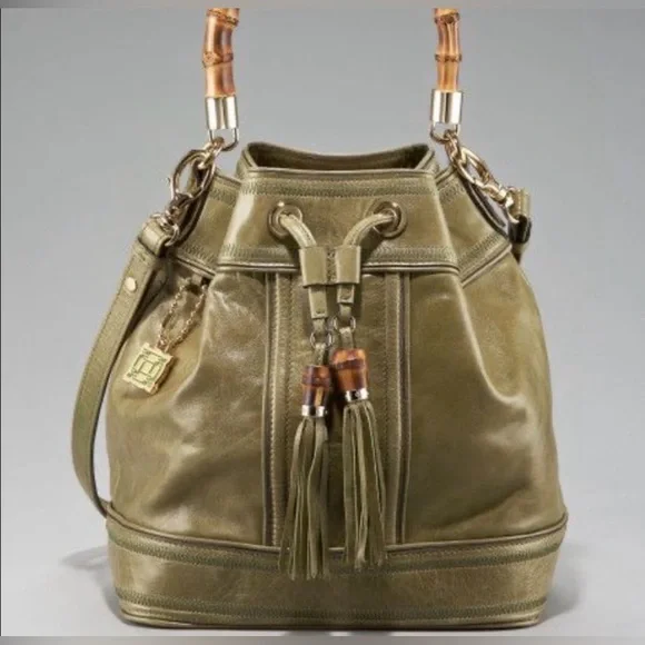 Gold Milly Bamboo Handle Drawstring Purse Handbag