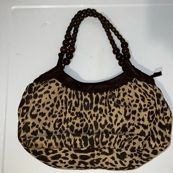 Y2K Leopard Print Baguette Shoulder Bag Wooden Bead Handle Brown Purse