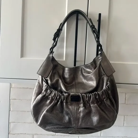 Burberry Warrior Metallic Pewter Leather Satchel Shoulder Handbag Hobo Ruched