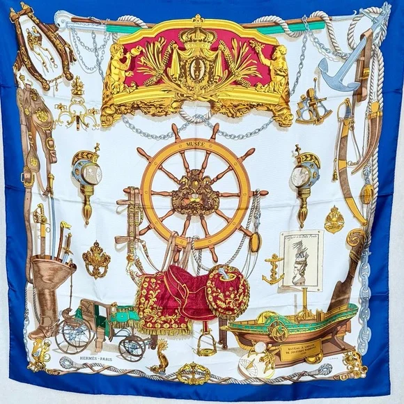 Hermès Musée Silk Scarf Carré 90 Philippe Ledoux Blue Nautical With Box