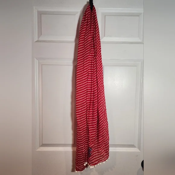 Red White Striped Lightweight Nautical Scarf Pompom Trim