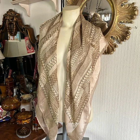 Vintage Tan & Cream Silk Chiffon Scarf