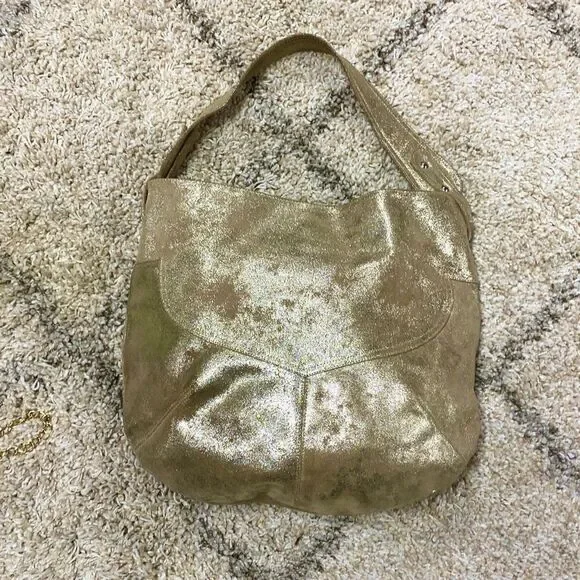 Cofi Genuine Leather Brushed Gold Metallic Hobo Shoulder Bag