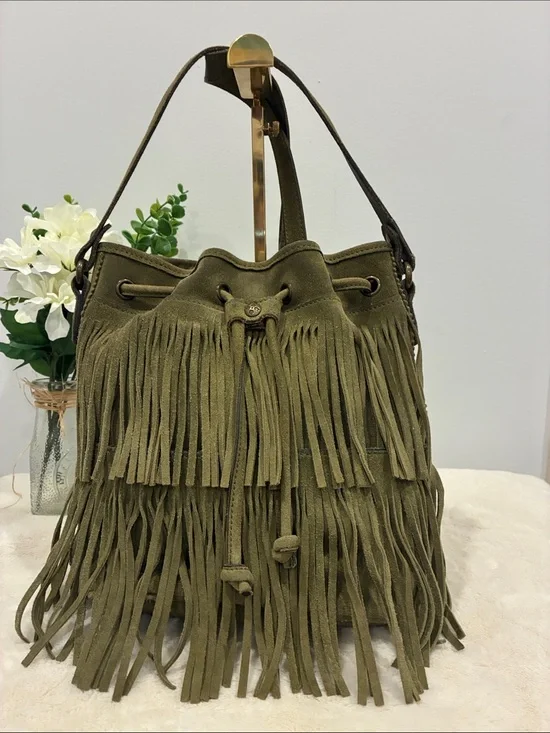 Patricia Nash Olive Green Italian Suede Leather Fringe Hobo Boho Western Bag
