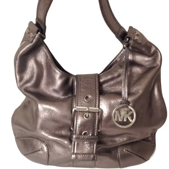 Michael Kors silver metallic hobo bag buckle