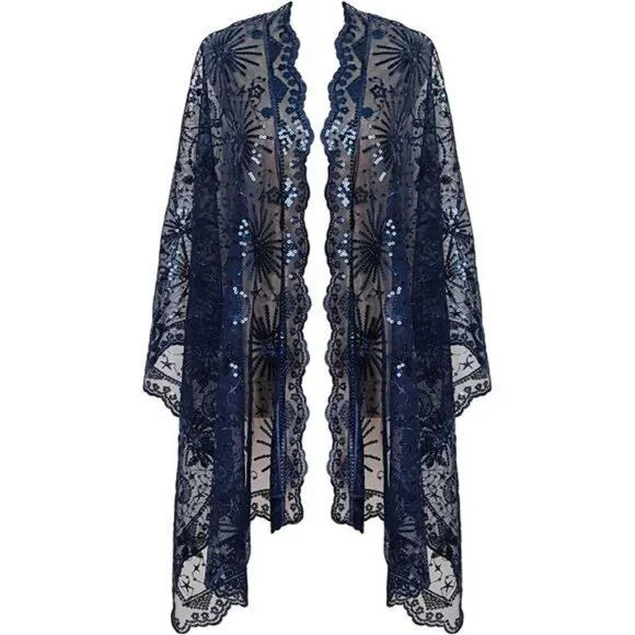 Boho Navy‎ Blue Moon & Star Sheer Mesh Sequin Embellished Shawl Wrap Scarf