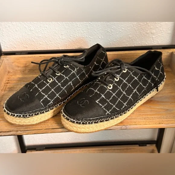 CHANEL Black Quilted Lace-Up Espadrille Sneakers Size 38 Designer Luxury