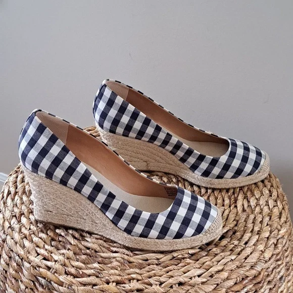 J.Crew Factory Womens Blue/Cream Gingham Print Wedge Espadrilles 3.25