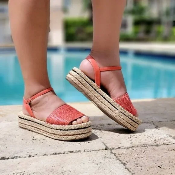 Trendy Coral Espadrille Wedge Sandals Open Toe Faux Leather