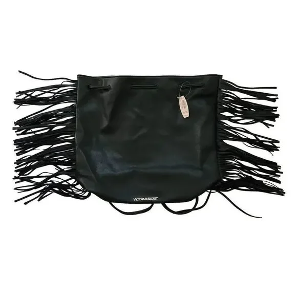 Victoria's Secret Black Faux Leather Fringe Hobo Bag