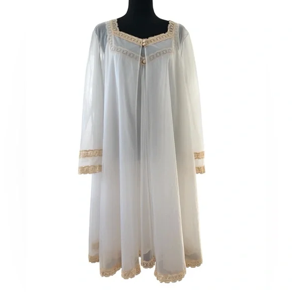 EUC Vintage Vanity Fair Peignoir Set Double Nylon Lace Bridal Boudoir 60’s SZ L