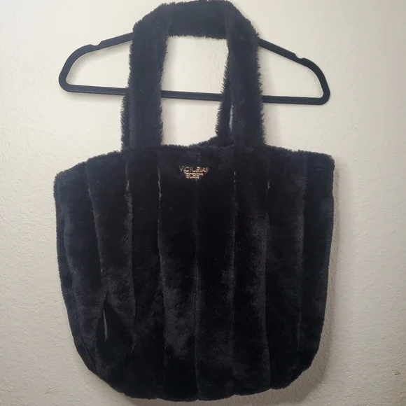 Victoria Secret Hobo Weekender Black‎ Faux Fur Bag Overnight Shoulder Bag