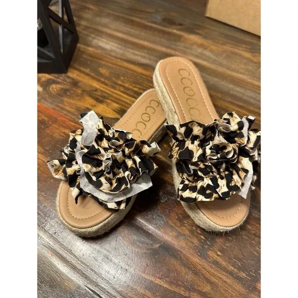 CCOCCI‎ Women's Leopard Ruffle Platform Espadrille Slide Sandals Size 7
