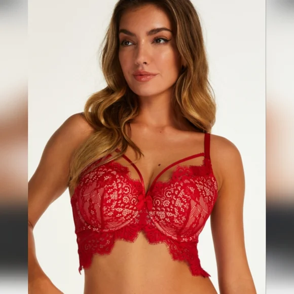 HUNKEMOLLER MARILEE PADDED UNDERWIRED LONGLINE BRA IN RED/SZ;34C