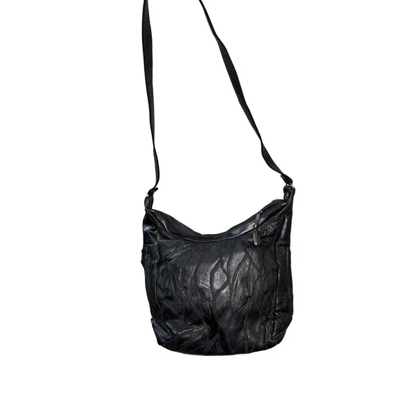 Vintage deadstock Black Leather Patchwork Shoulder Bag boho Crossbody‎ Bag