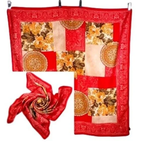Vintage Italian Floral Red Patchwork Scarf By Art Of The Scarf 100% Polyester