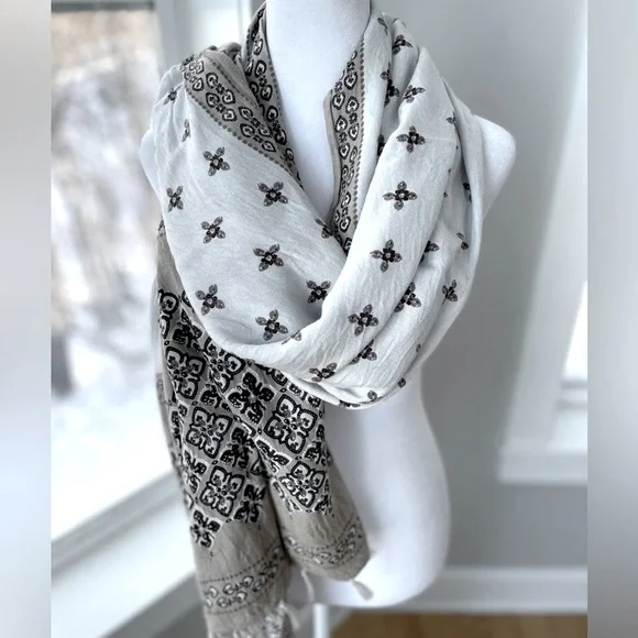 Vintage Tan White Brown Block Print Scarf with Fringe