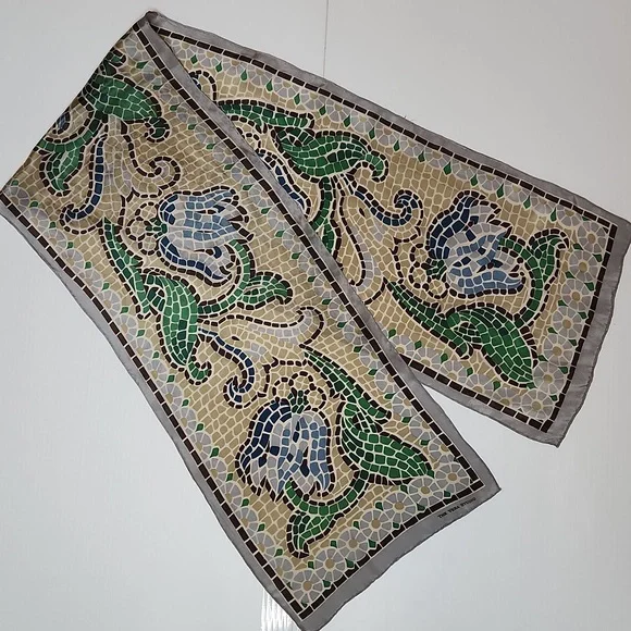 The Vera Studio silk scarf mosaic floral print blue green beige rectangular