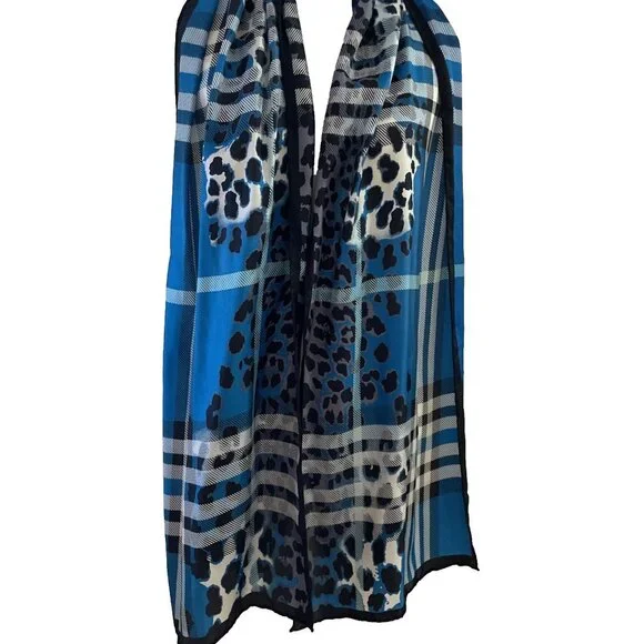 Vintage Lord & Taylor Silk Scarf Blue Plaid & Animal Print Iconic American 1990s