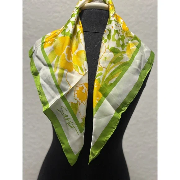 Vintage Avon Silkette Floral‎ Scarf Yellow Green Water Repellent Japan 21x21