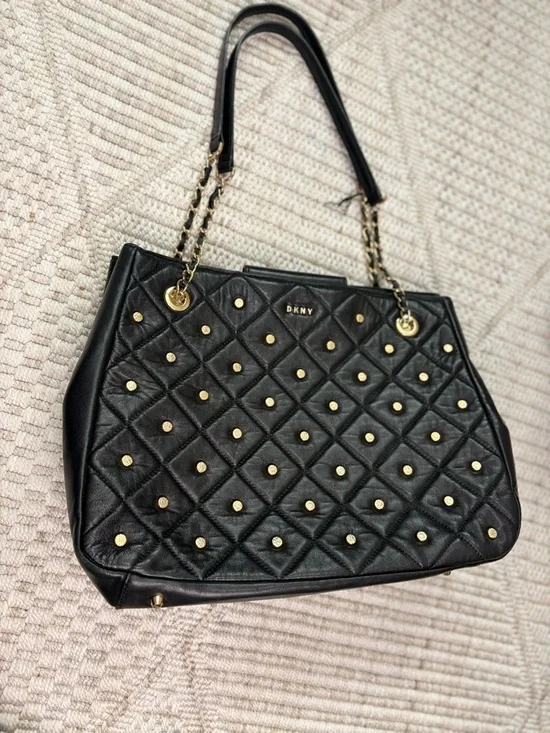 DKNY Black Quilted Leather Tote with Gold Stud Accents
