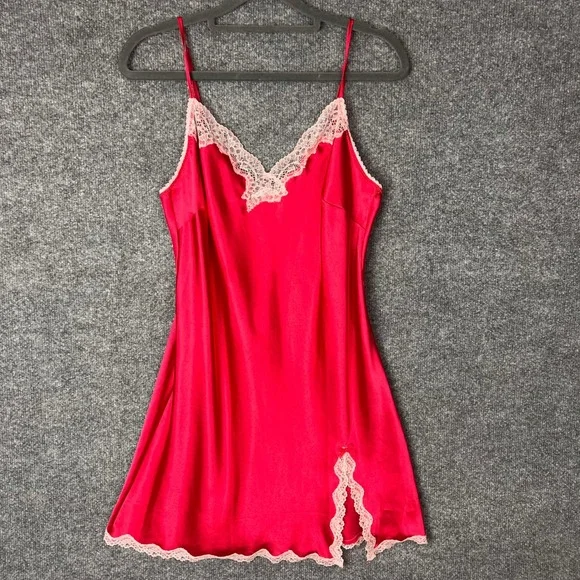 Victoria Secret Slip Dress Womens Medium Red Lace Trim Satin Chemise