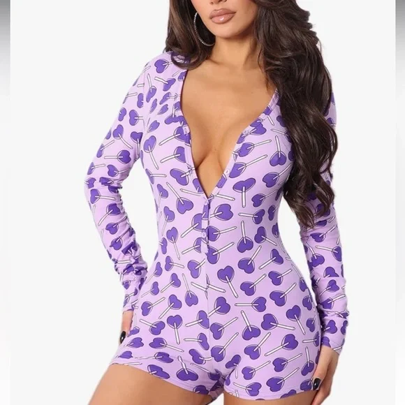 Purple Heart Lollipop Print Long Sleeve Romper Sexy Lounge One Piece Bodysuit