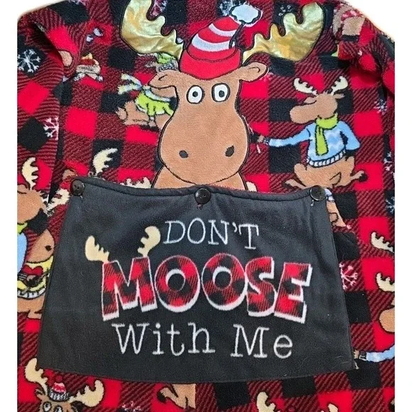 Womens Plush Red Moose‎ Christmas Funny Print Pajamas Sleeper Medium