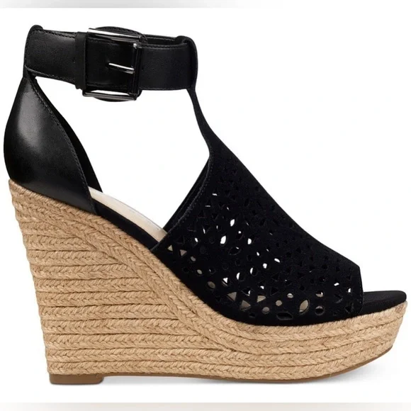Marc Fisher women’s “Hasina” T-strap platform wedge espadrilles‎ sandals black 9