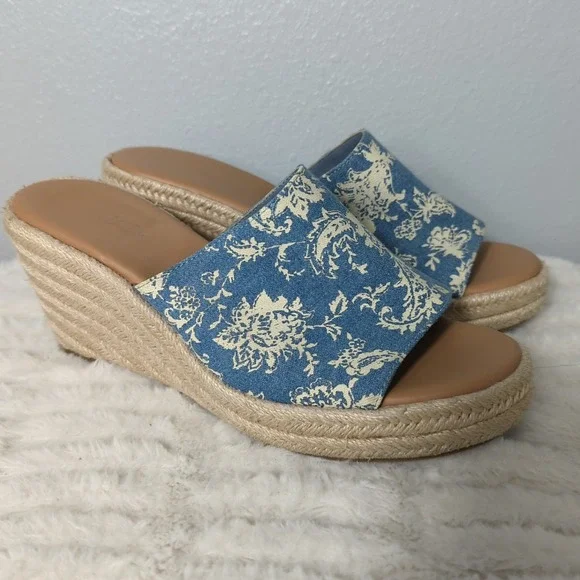 PIONEER WOMAN Mariela blue floral‎ canvas espadrille wedge slide sandals Size 9