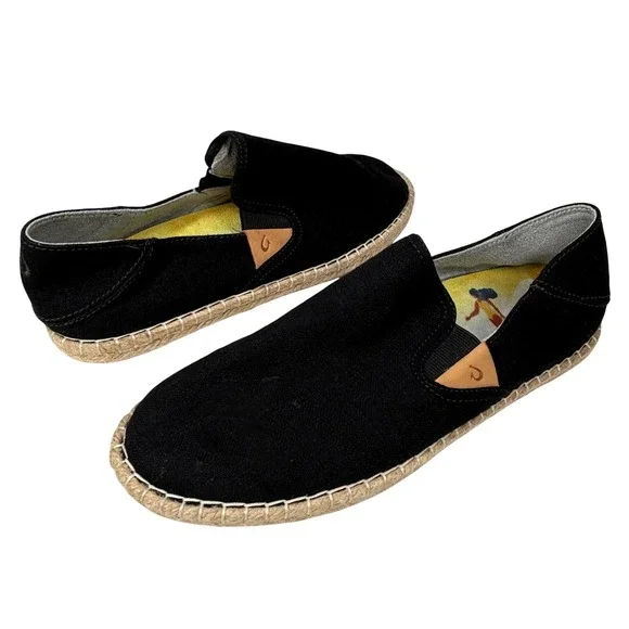 OluKai‎ Kaula Pa'a Kapa Black Espadrille Slip On Shoes Women's 8.5 EUR 38.5 EUC