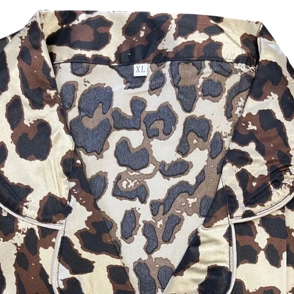 Leopard Satin 3-Piece Pajama Set XL Short Sleeve Top Shorts Pants Gold Brown