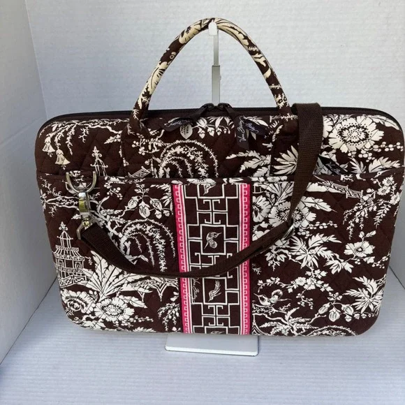 Vera Bradley Java Blue‎ Quilted Laptop Messenger Bag Brown Floral Pagoda Case