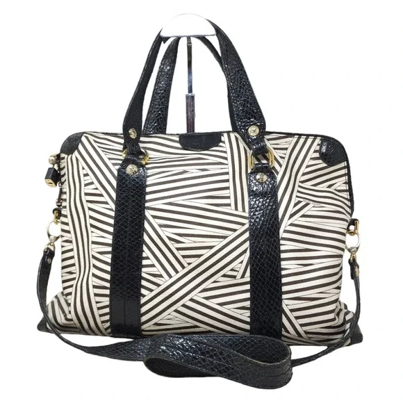 Henri Bendel Laptop Bag Disturbed Stripe Brown Black Canvas Leather Briefcase