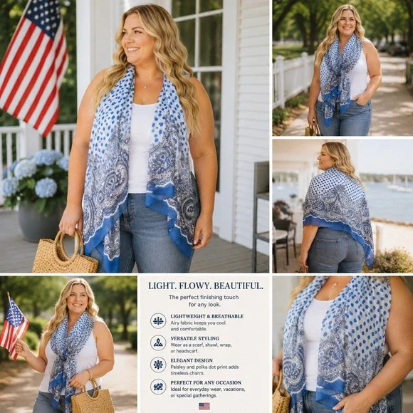 Blue Paisley Polka Dot Lightweight Scarf Shawl Wrap for Women