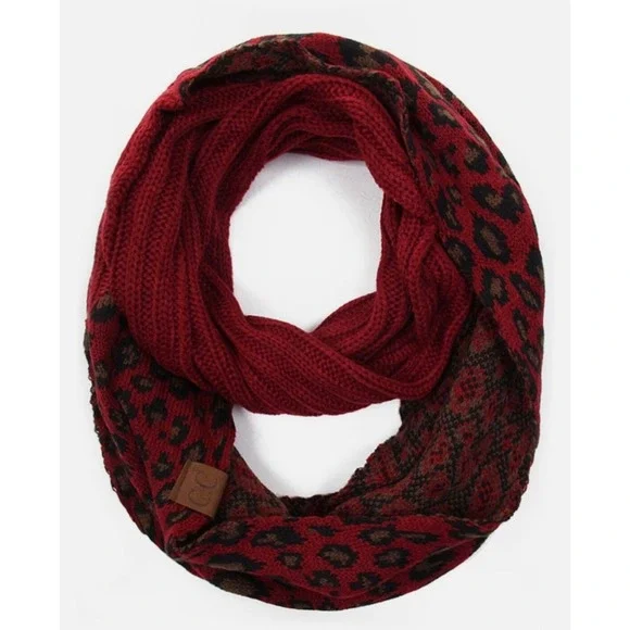 CC Exclusives Women's Burgundy‎ Leopard Print Cable Knit Infinity Scarf