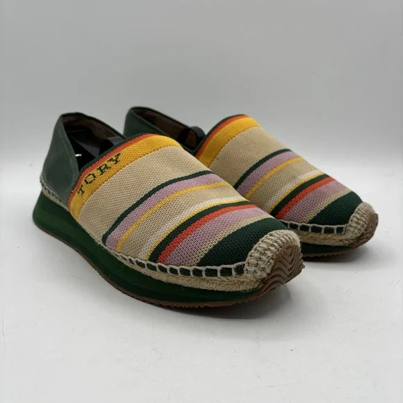Tory Burch Daisy Espadrille Slip On Sneakers Women's 10 M Knit Striped Green