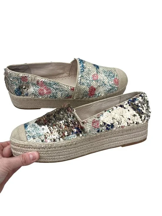 Caslon Collins Floral Gold Reversible Sequin Espadrille Platform Shoes SZ 9 NWOB