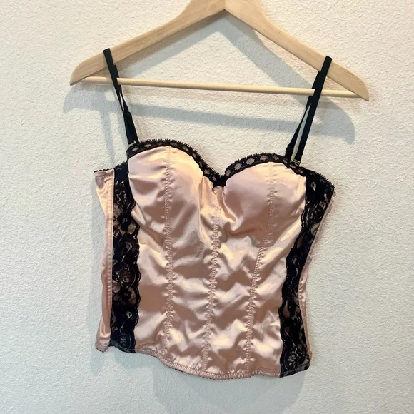 Frederick's‎ of Hollywood Pink Satin and Black Lace Bustier vintage