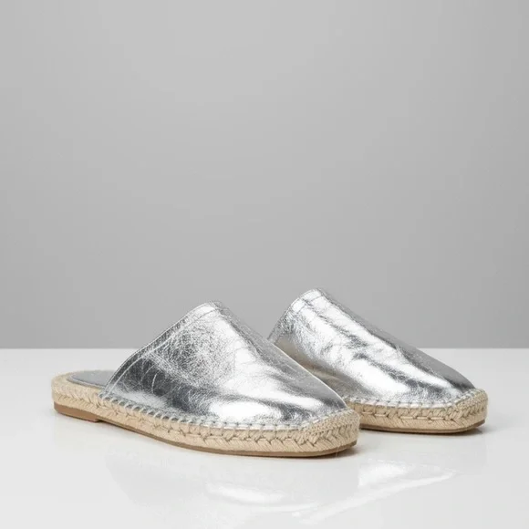 Zara crinkly leather silver metallic espadrille mules